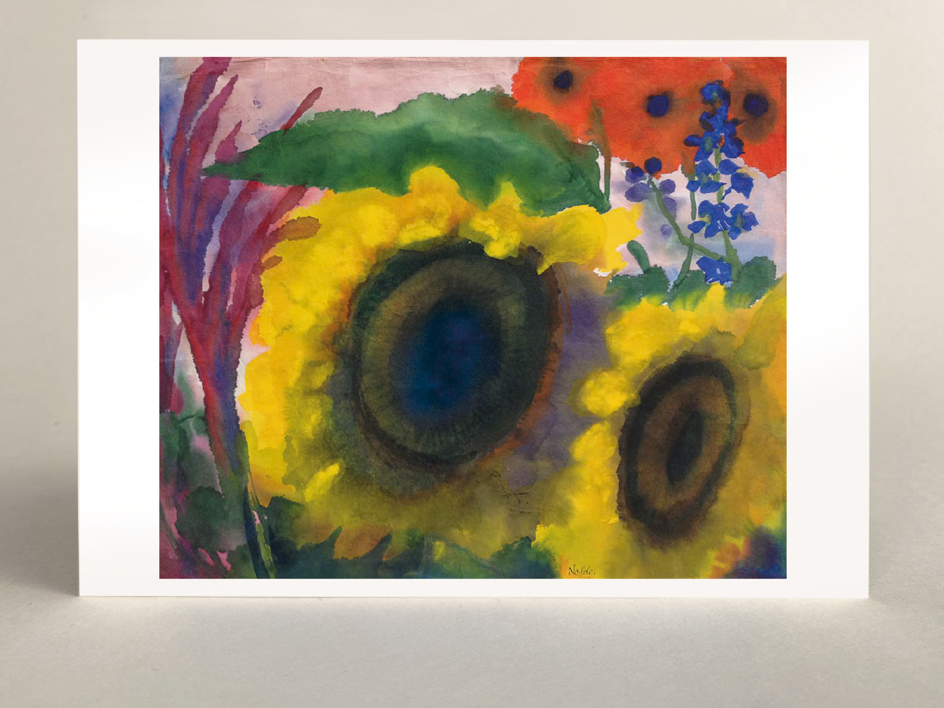 Kunstkarte: "Sonnenblumen, Mohn und Rittersporn"