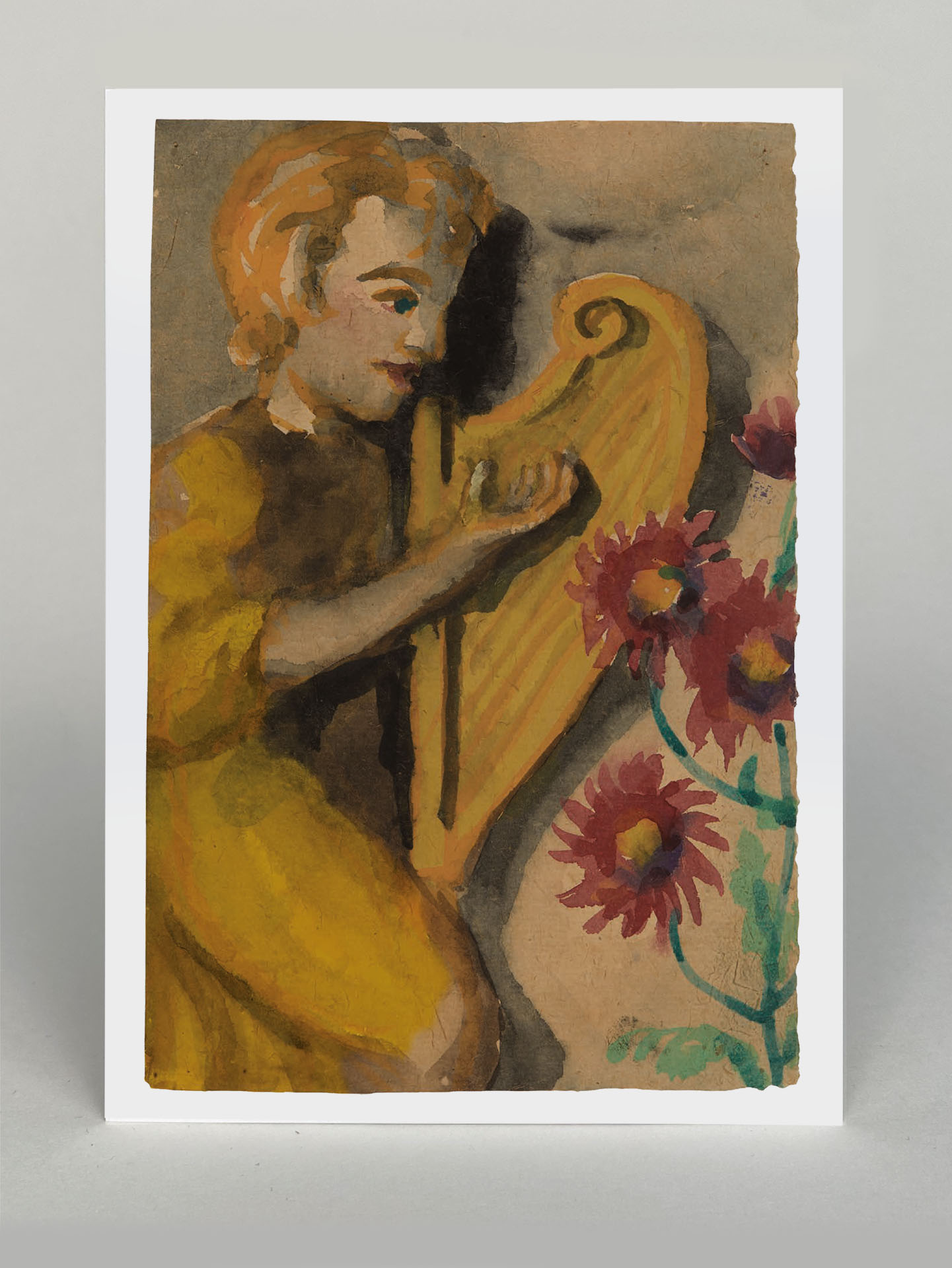 Kunstkarte: "Engelsfigur mit Harfe und kleine rote Blüten"