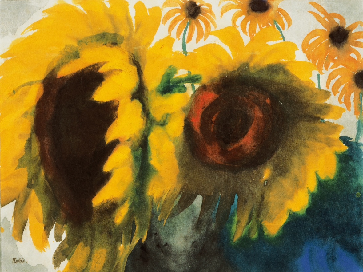 Kunstkarte: "Sonnenblumen und vier Rudbeckien.", um 1930/35