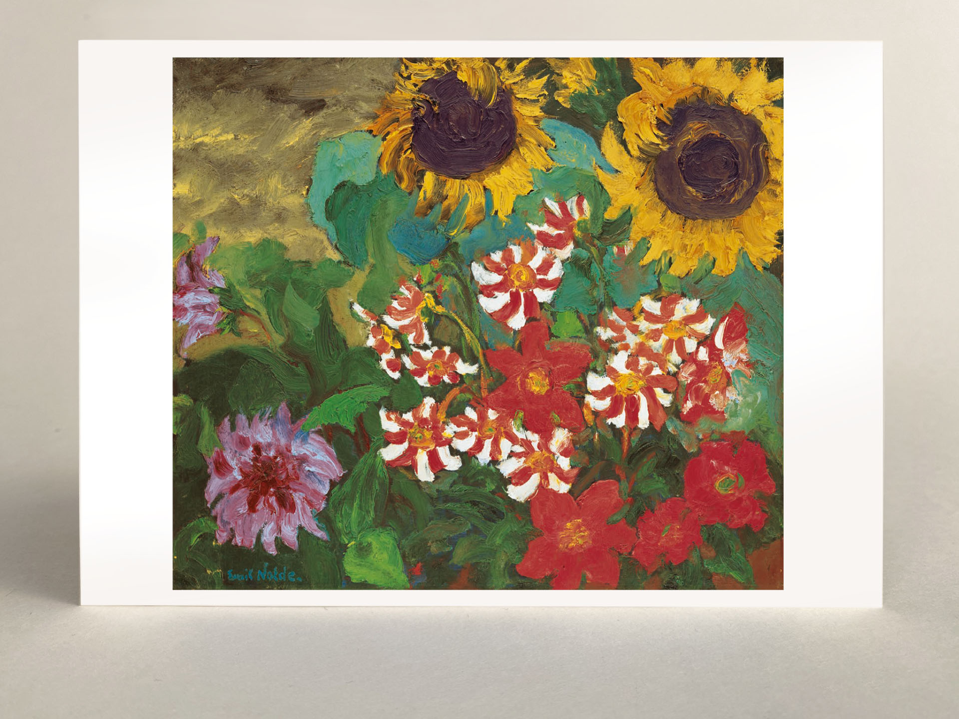 Kunstkarte: "Dahlien und Sonnenblumen"